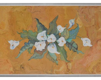 Tavolino salotto in marmo Bianco con Intarsio Fiori di Calle fatto a mano in Italia