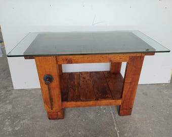 Tavolo in legno banco da Falegname con piano cristallo