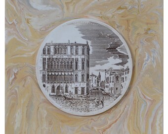 Quadretto con incisione veduta di Venezia rotonda su tavoletta quadrata marmorizzata