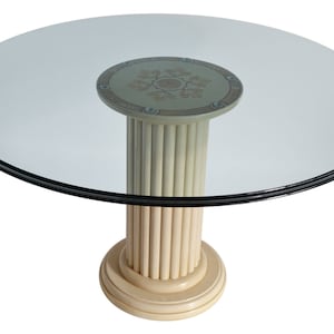 Round dining table extra clear arystal glass top scagliola art inlay cream marble column handmade in Italy by Cupioli