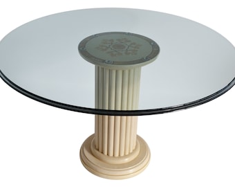 Round Crystal Glass Dining Table, Cream Marble Column, Handmade Art Inlay top