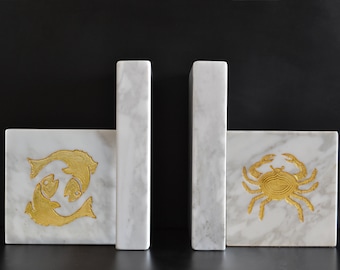 Couple of white Marble Zodiac Bookends with gold leaf detail