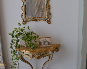 Entrance console with mirror in carved wood with hand-painted decoration and gold leaf details