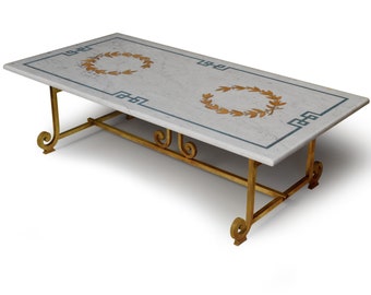 coffee table white marble top lacquered forged iron base inlaid decoration