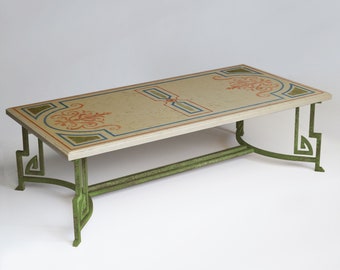 Coffee table Biancone di Verona marble top and whrought iron base inlaid decoration handmade