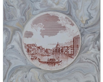 Quadro paesaggio Venezia inciso a mano su selenite rosso e grigio