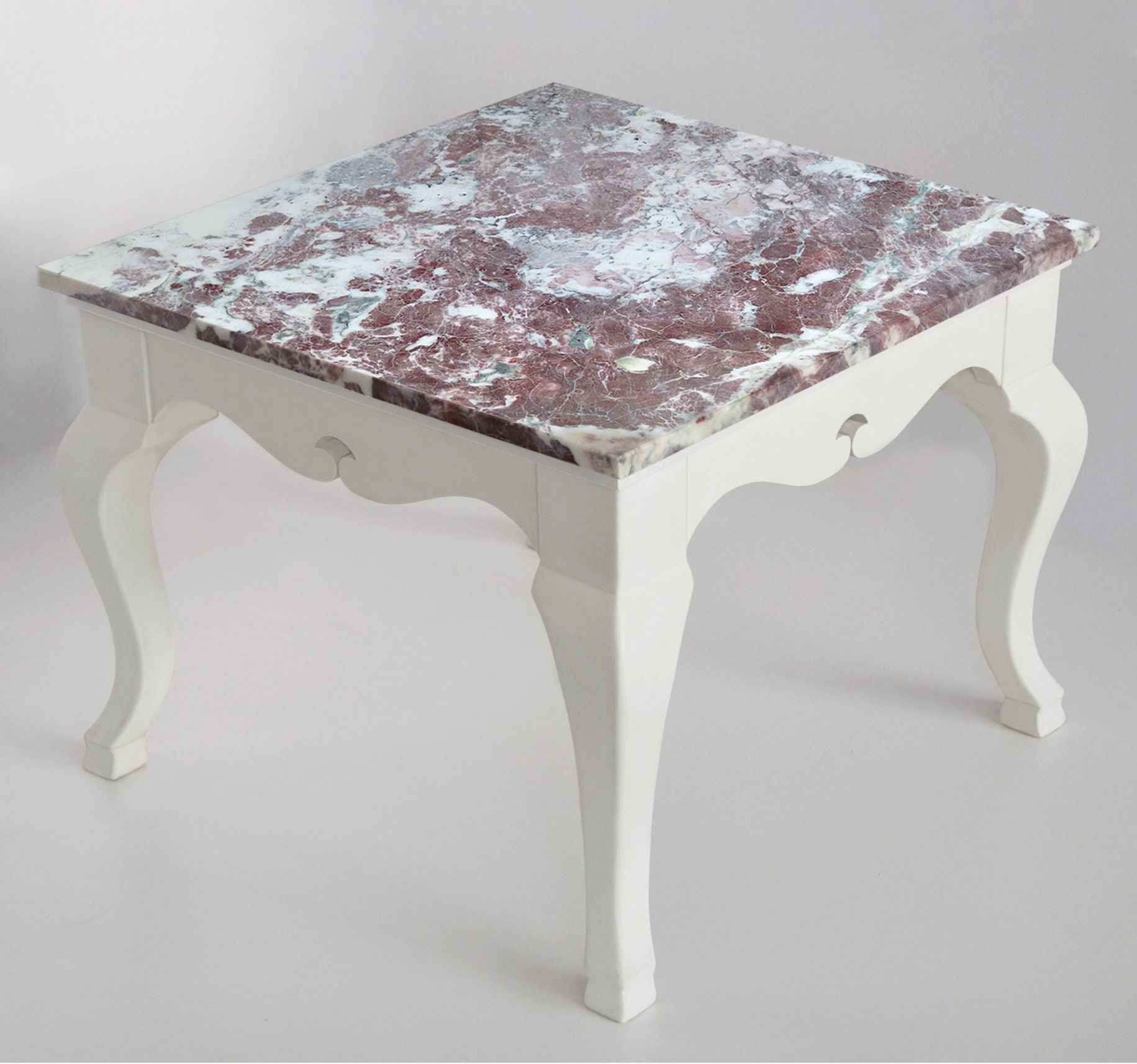Red Marble Square Side Table Top White Lacquered Wooden Base