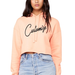 CUSTOM TEXT Soft Fleece Long Sleeve Crop Sweatshirt- Customize Hooded Peach Crop Sweater- Gift for Her- Custom Hoodie for Her- Trendy