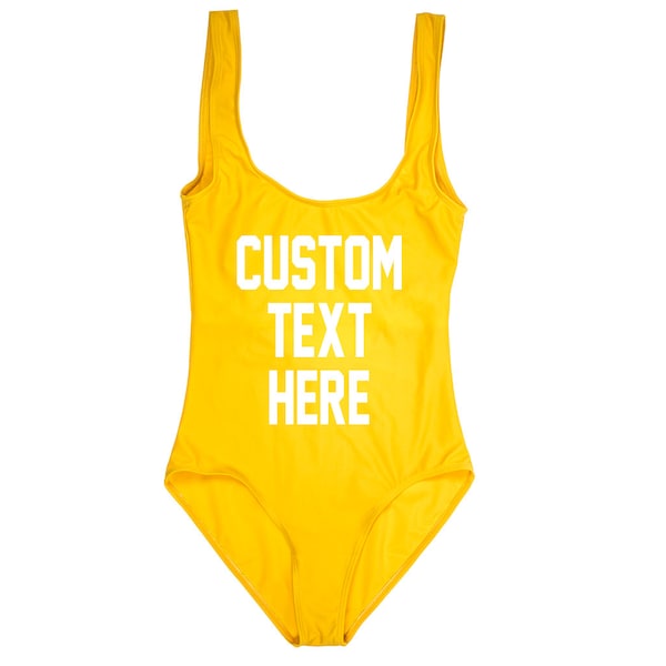 CUSTOM TEXT Yellow One Piece Swimsuit- Create Your Own Monokini Swimwear- Letters Words Fonts -You Pick- Custom Lemon Yellow Saying Onepiece