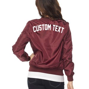 CUSTOM Text Here Maroon Burgundy Satin Long Sleeve Bomber Jacket- Customize Your Own Maroon Bomber Jacket- Burgundy Bomber- Personalize