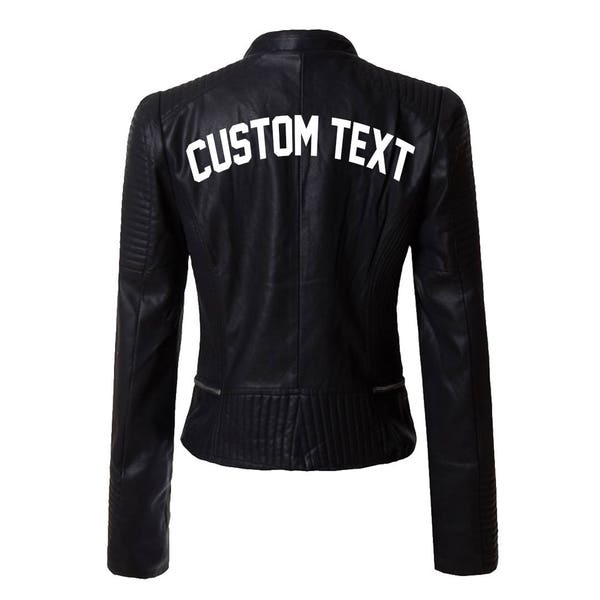 CUSTOM TEX Black Leather Jacket- Personalize Black Moto Faux Leather Jacket- Gift for Her- Choose Font Buttery Soft Faux Leather Moto