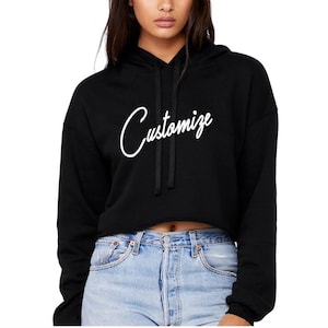 CUSTOM TEXT Soft Fleece Long Sleeve Crop Sweatshirt- Customize Hooded Black Crop Sweater- Gift for Her- Custom Hoodie for Her- Trendy