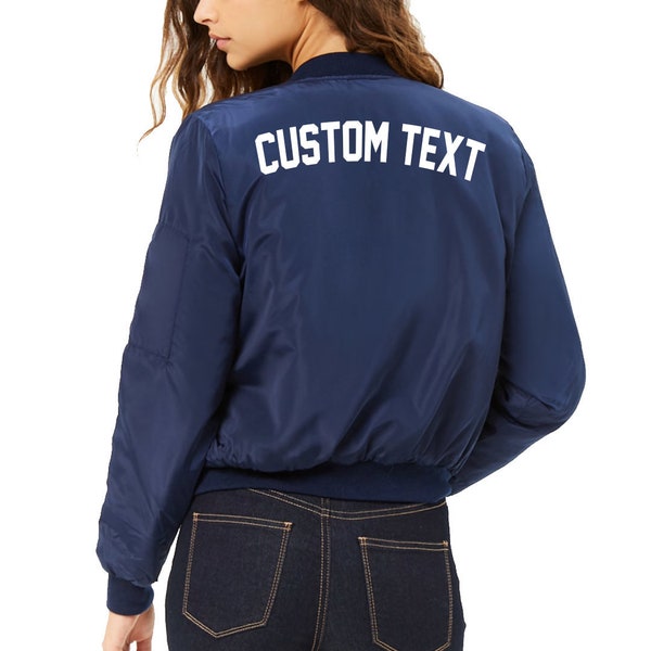 CUSTOM Text Lightweight Navy Blue Satin Long Sleeve Bomber Jacket- Customize Your Navy Midnight Bomber Jacket- Wedding Bomber- Personalize