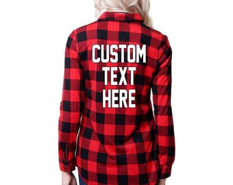 CUSTOM TEXT Black and Red Plaid Long Sleeve Button Up Shirt- Customize Your Own Plaid Shirt Personalized Bride Plaid Lightweight Shirt