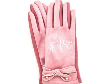 CUSTOM TEXT Monogram or Initials Pink Pearl Gloves- Womens Pink Velvet Gloves Personalized Gift for Her- Warm Winter Pink Pearl Gloves