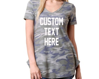 CUSTOM TEXT Green Camo V-neck T-shirt- Cuffed Sleeve Custom Camo Shirt- Personalize Your Own Tee- Camouflage Shirt- Trendy Custom Camo Tee
