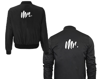 Custom MR and MRS Black Bomber Jackets- Zip Up Long Sleeve Wedding or Honeymoon Matching Set Jackets for Bride and Groom- Create Your Own