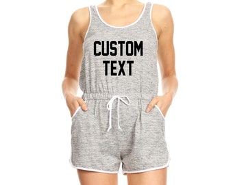 Custom Text Soft Brush Shorts Lounge Romper- Tank Top Drawstring PJ Romper Custom Pajama One Piece- Adult Onepiece Shorts Romper with Text