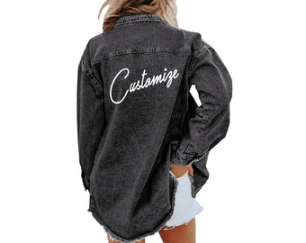 Personalized Black Blue Denim Shirt Jacket, Business Logo Apparel Employees, Customized Gift for Her, Bachelorette Party Shackets, Monogram
