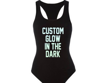 CUSTOM TEXT Glow in the Dark Font Black Racerback Bodysuit Customize Halloween One Piece in Glow in the Dark Lettering- Custom Black Suit