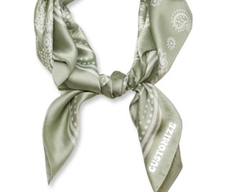 Custom Text Sage Green Paisley Satin Scarf, Personalized Light Green Bandana Neckerchief, Bachelorette Party Favors, Wedding Accessories
