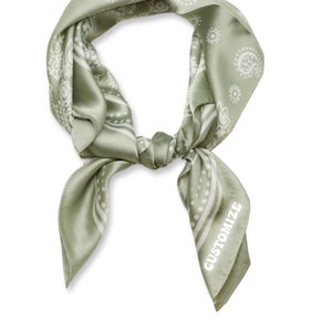 Custom Text Sage Green Paisley Satin Scarf, Personalized Light Green Bandana Neckerchief, Bachelorette Party Favors, Wedding Accessories