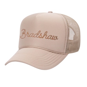 Custom Western Rodeo Rope Script Font Trucker Hat, Cowgirl Bachelorette Party Hats, Personalized Unisex Group Matching Hats, Tan Snapback