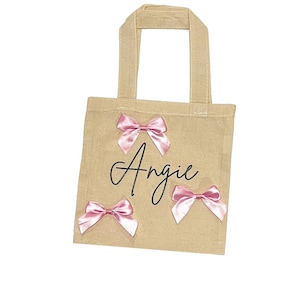 Personalized Canvas Tote Bag with Pink Bows, Custom Name Bows Ribbons Adorned Tote Bag, Birthday Party Bachelorette Favors, Gift for Her