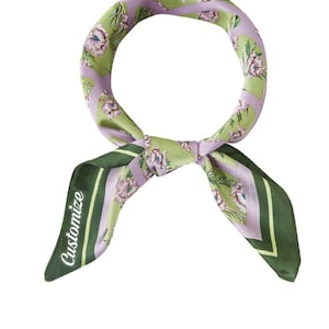 Personalized Purple Floral Satin Scarf, Flower Custom Text Square Scarf, Bachelorette Party Favor Neckerchief, Business Logo Event Accessory