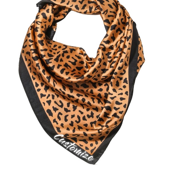 Custom Text Leopard Satin Scarf, Animal Print Silky Bandana Scarf, Personalized Leopard Print Square Bandana Scarf, Bachelorette Favor