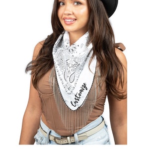 Personalized Rhinestone Fringe Paisley Bandana Scarf, Custom Text Bachelorette Party Favor, Business Logo Birthday Concert Bling Neckerchief