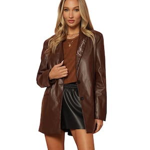 Customized Oversized Faux Leather Blazer, Lapel or Monogram Personalized Leather Blazer Women, Gift for Her Mrs Wedding Jacket, Bachelorette