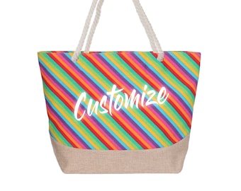 AANGEPASTE TEKST Bright Rainbow Natural Canvas Beach Tote Bag-Multicolor Tote Beach Bag-gepersonaliseerde Gay Pride Totes Vakantie Aangepaste Tas