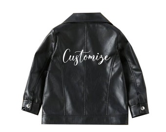 Personalized Kids Leather Jacket, Flower Girl Moto Black Jacket, Birthday Present Her, Unisex Custom Text Embroidery Toddler Leather Coat