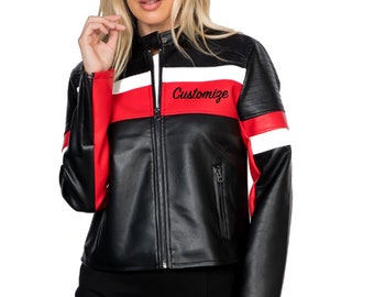 Chaqueta de cuero sintético de carreras personalizada, negra, roja y blanca, con cremallera, para mujer, con logotipo de equipo, ideal como regalo.