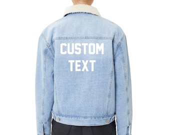 CUSTOM TEXT Denim Jacket with Cozy Sherpa Lining Outerwear Jacket, Womens Personalized Sherpa Denim Jacket, Fully Lined Fur Jean Jacket