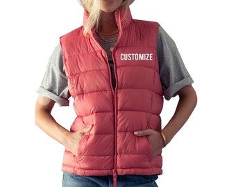 Personalized Quilted Stand Collar Zip Up Warm Padded Vest, Padding Puffer Vest with Custom Embroidery, Business Logo, Customized Apparel