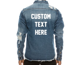 Personlig jeansskjorta med text, denimskjorta med knappar och sliten passform, företagslogotyp, Mr Wedding, herrskjorta med riven denim