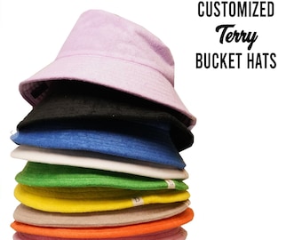 Customized Unisex TERRY Bucket Hat, Assorted Colors Beach Pool Sun Caps, Bachelorette Party Matching Hats, Business Logo Bucket Hat Outdoors