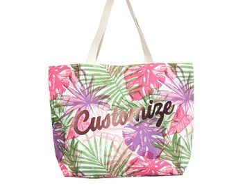CUSTOM TEXT Pink Palm Leaf Natural Canvas Beach Tote Bag Rope Handle Banana Leaf Beach Bag-Personalized Bachelorette Bag Vacation Custom Bag