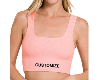 Custom Text Ribbed Bra Crop Top, Business Logo Square Neck Crop Bralette, Personalized Rib Crop Top, Bachelorette Party Workout Top