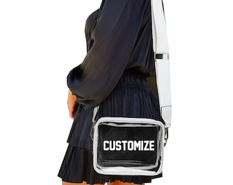 カスタムテキストクリアゲームデークロスボディバッグ、パーソナライズされたホワイトシースルーレザーストラップクロスボディバッグ、スタジアムまたはコンサート透明バッグ