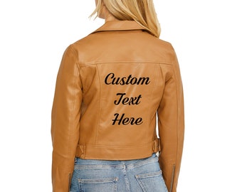 CUSTOM TEXT Camel Leather Crop Jacket- Personalize Tan Moto Faux Leather Jacket- Gift for Her- Choose Font Buttery Soft Faux Leather Moto