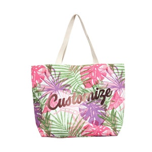 CUSTOM TEXT Pink Palm Leaf Natural Canvas Beach Tote Bag Rope Handle Banana Leaf Beach Bag-Personalized Bachelorette Bag Vacation Custom Bag