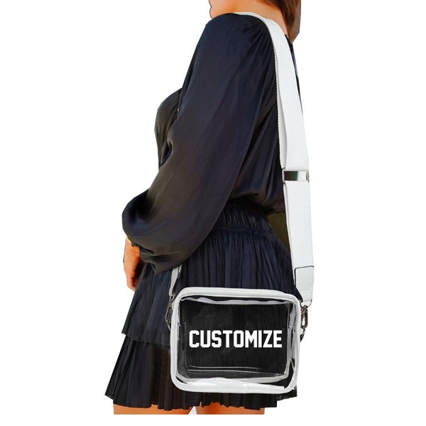 Custom Text Clear Game Day Crossbody Bag, Personalized White See Through Leather Strap Cross Body Bag, Stadium or Concert Transparent Bag