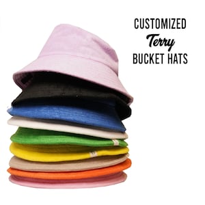 Customized Unisex TERRY Bucket Hat, Assorted Colors Beach Pool Sun Caps, Bachelorette Party Matching Hats, Business Logo Bucket Hat Outdoors