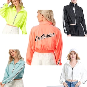 WOMENS CUSTOM Lightweight Cropped Windbreaker Bright Bomber Jacket- Personalized Long Sleeve Cropped Sporty Windbreaker Bomber Jacket