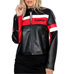 Blouson de course en similicuir personnalisé noir rouge blanc, veste moto zippée personnalisée pour femme, vestes de motard d'équipe, logo d'entreprise, cadeau pour elle