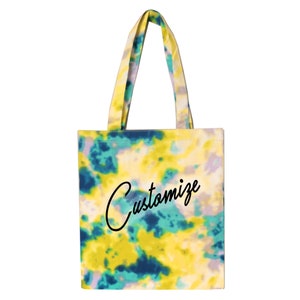 CUSTOM TEXT Tie Dye Tote Bag, Personalized Multi Color Tie Dye Print Top Handle Tote Bag, Bachelorette Party Bags, Bright Color Tiedye Bag
