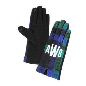 Monogram Initials Blue Plaid Gloves- Womens Touch Screen Plaid Smart Touch Gloves- Personalized Stocking Stuffer for Her- Driving Gloves